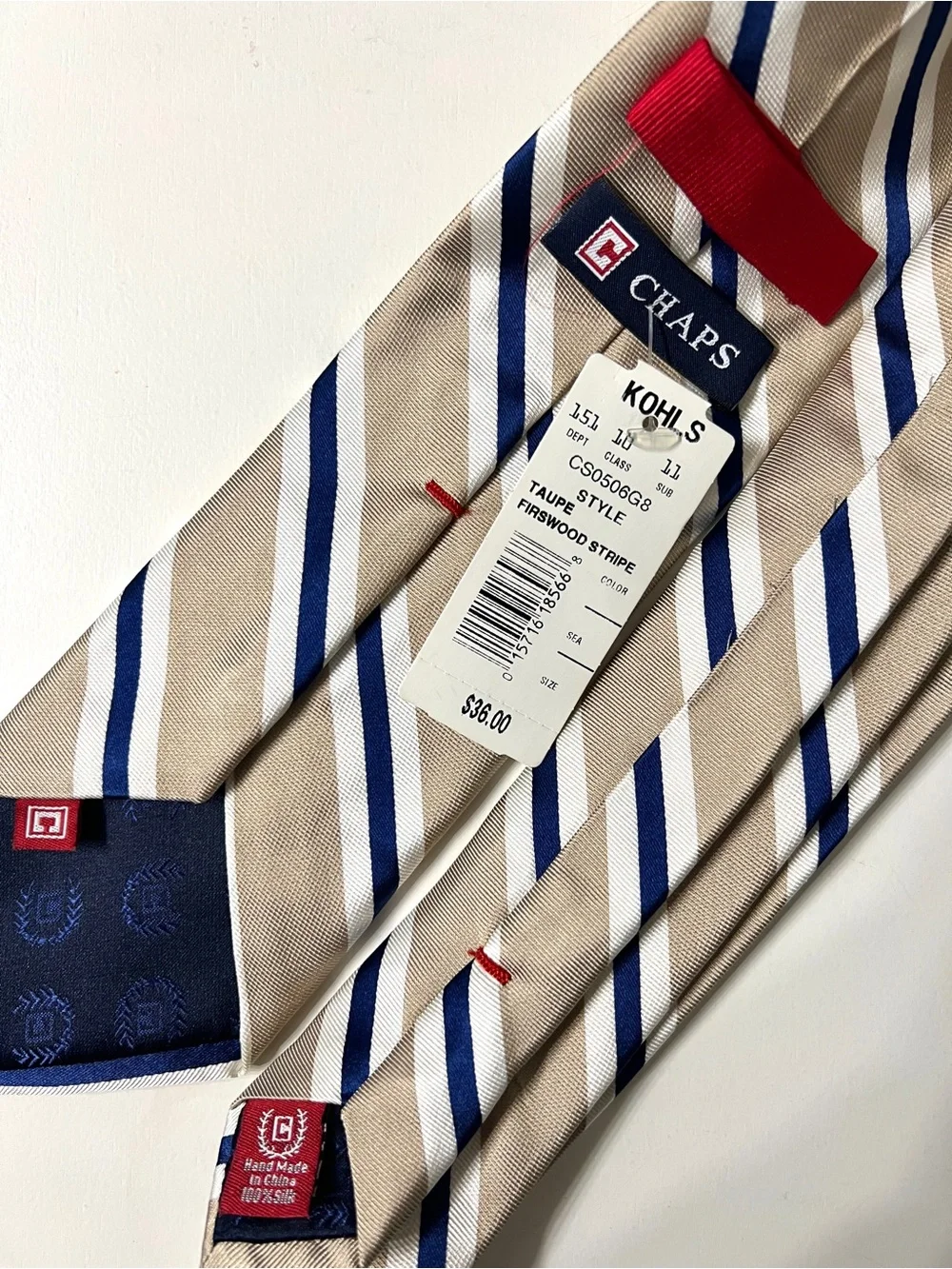 Chaps tan/navy striped tie — NEW WITH TAGS